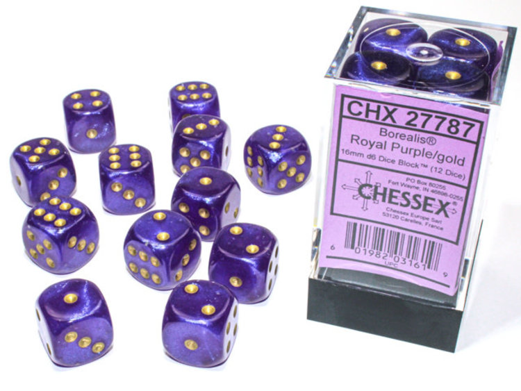 Chessex Chessex: Royal Purple/gold - 12 Borealis 16mm D6 Dice Block