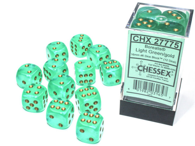 Chessex Light Green/gold - 12 Borealis 16mm D6 Dice Block