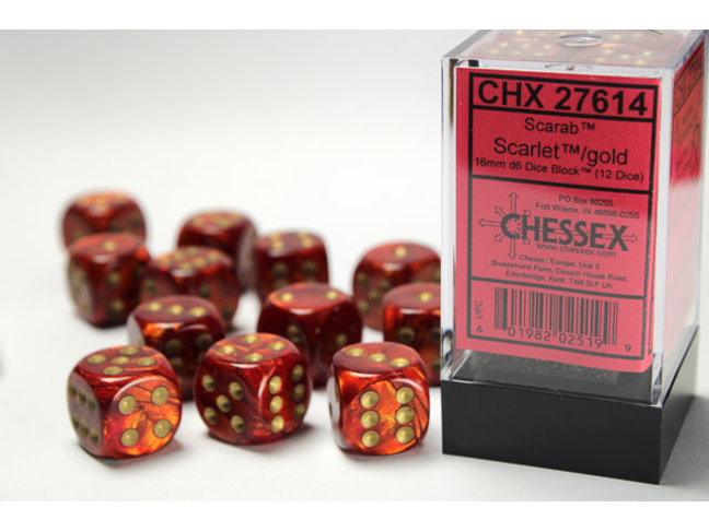 Chessex Scarlet/gold - 12 Scarab 16mm D6 Dice Block