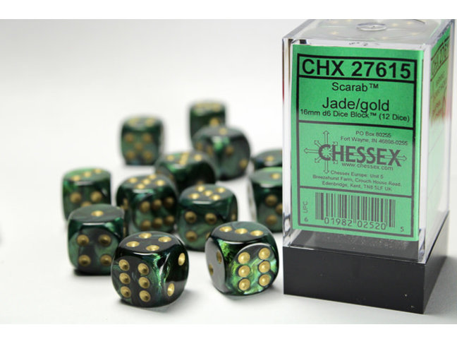 Chessex Jade/gold - 12 Scarab 16mm D6 Dice Block