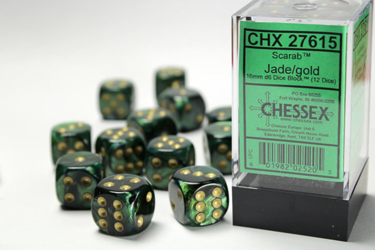 Chessex Chessex: Jade/gold - 12 Scarab 16mm D6 Dice Block