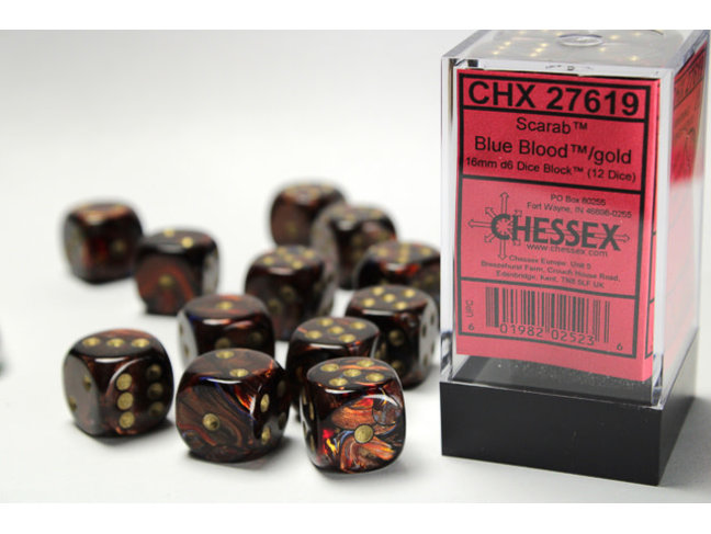 Chessex Blue Blood/gold - 12 Scarab 16mm D6 Dice Block