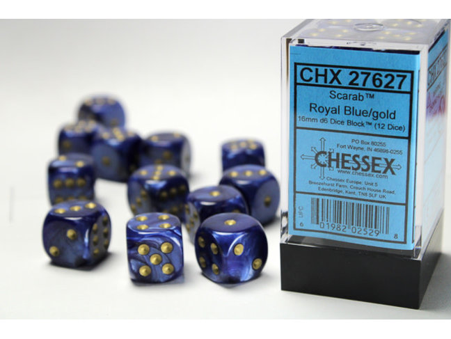 Chessex Royal Blue/gold - 12 Scarab 16mm D6 Dice Block