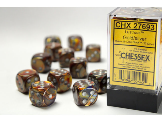 Chessex Gold/silver - 12 Lustrous 16mm D6 Dice Block
