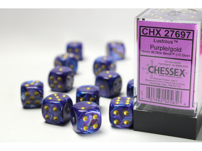 Chessex Purple/gold - 12 Lustrous 16mm D6 Dice Block