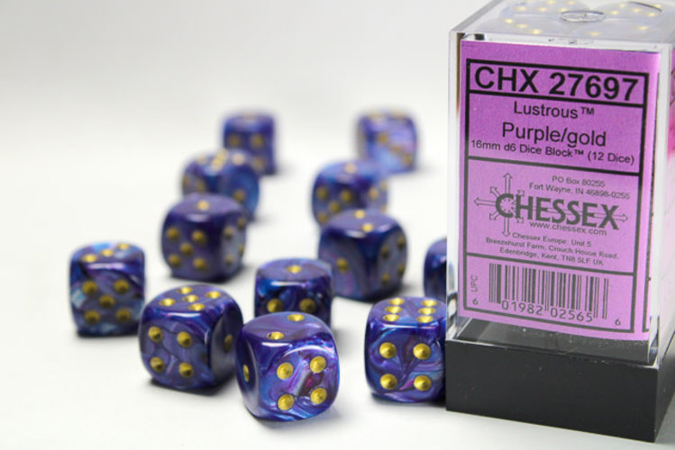 Chessex Chessex: Purple/gold - 12 Lustrous 16mm D6 Dice Block