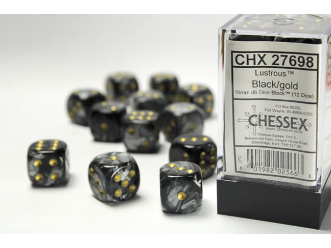 Chessex Black/gold - 12 Lustrous 16mm D6 Dice Block
