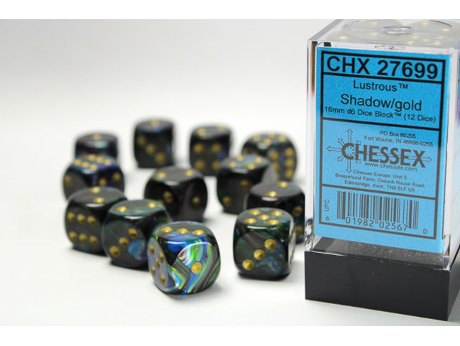 Chessex Shadow/gold - 12 Lustrous 16mm D6 Dice Block