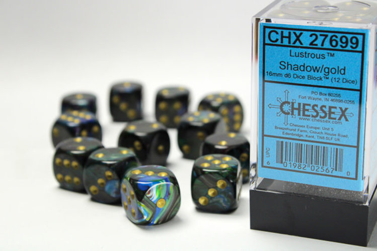 Chessex Chessex: Shadow/gold - 12 Lustrous 16mm D6 Dice Block