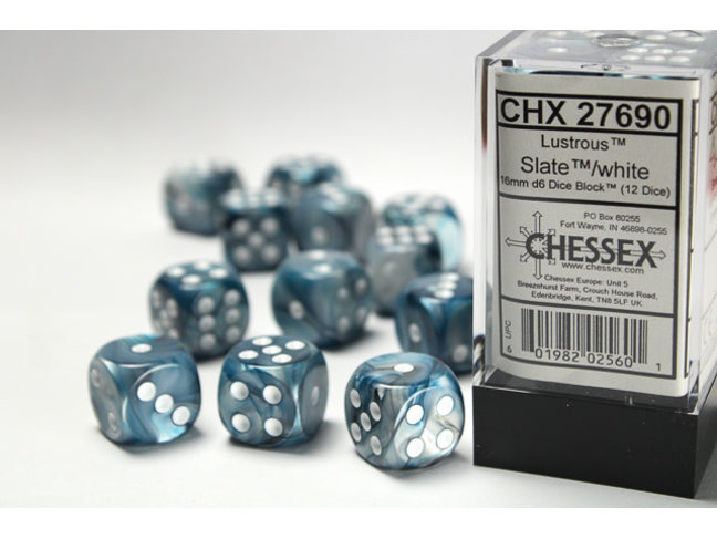 Chessex Slate/white - 12 Lustrous 16mm D6 Dice Block