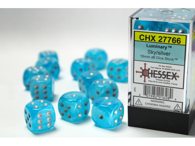 Chessex Sky/silver - 12 Luminary 16mm D6 Dice Block