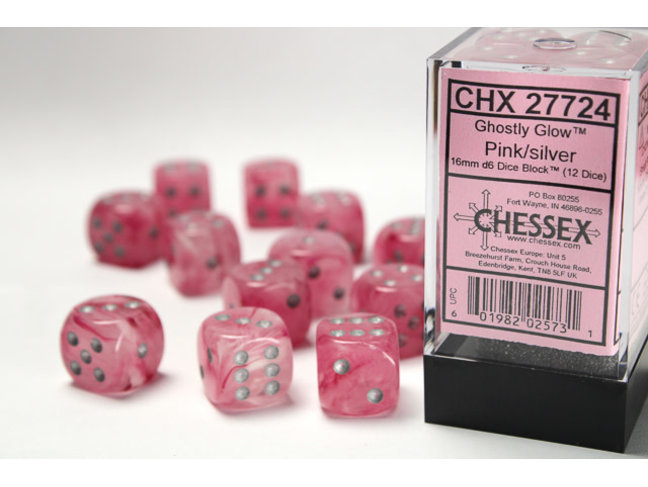 Chessex Pink/silver - 12 Ghostly Glow 16mm D6 Dice Block