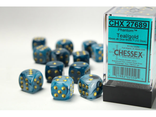 Chessex Teal/gold - 12 Phantom 16mm D6 Dice Block