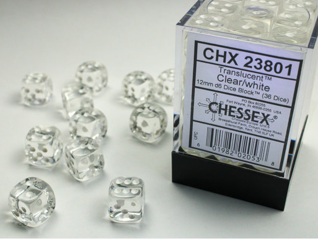 Chessex Clear/white - 36 Transulent 12mm D6 Dice Block
