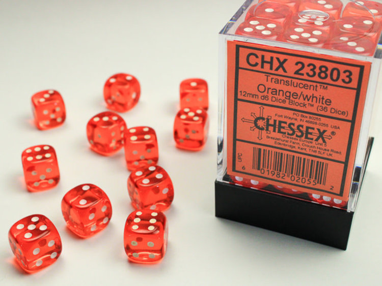 Chessex Chessex: Orange/white - 36 Transulent 12mm D6 Dice Block