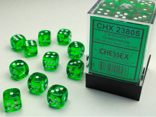 Chessex Green/white - 36 Transulent 12mm D6 Dice Block
