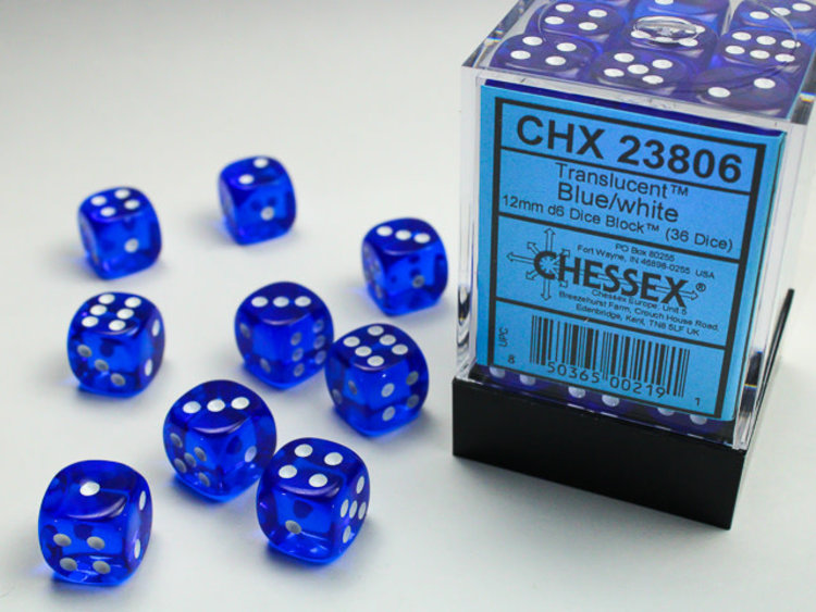 Chessex Chessex: Blue/white - 36 Transulent 12mm D6 Dice Block
