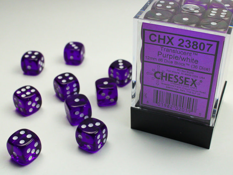 Chessex Chessex: Purple/white - 36 Transulent 12mm D6 Dice Block