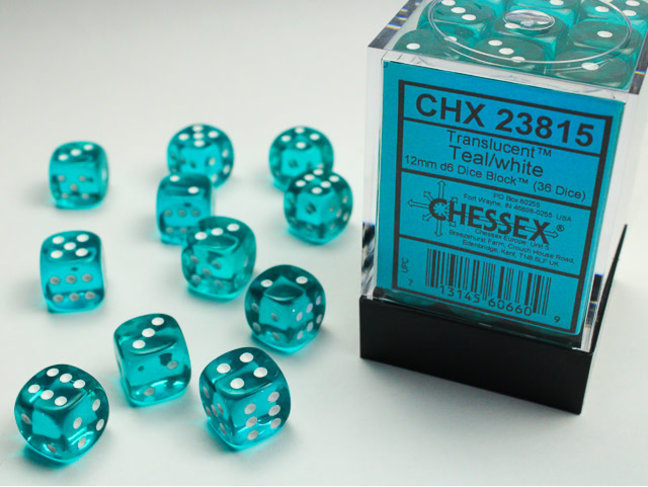 Chessex Teal/white - 36 Transulent 12mm D6 Dice Block