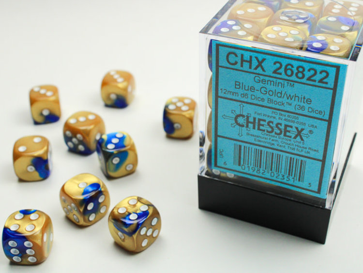Chessex Chessex: Blue-Gold/white - 36 Gemini 12mm D6 Dice Block