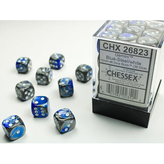 Chessex Blue-Steel/white - 36 Gemini 12mm D6 Dice Block