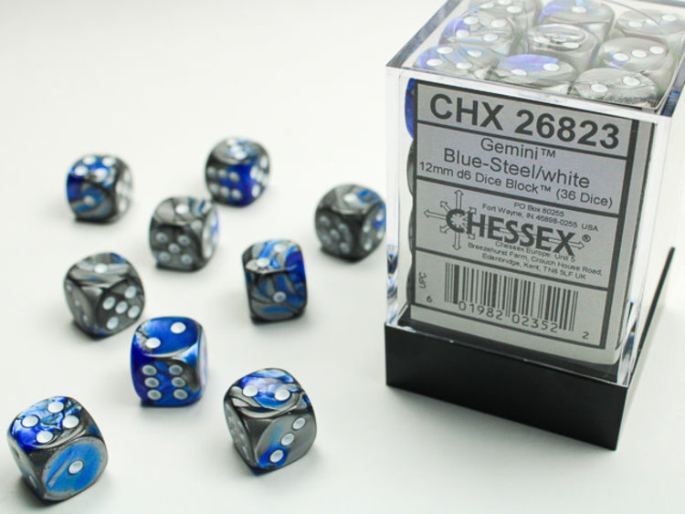 Chessex Chessex: Blue-Steel/white - 36 Gemini 12mm D6 Dice Block