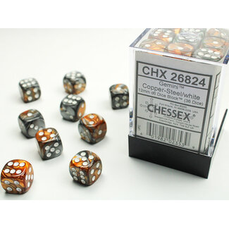 Chessex Copper-Steel/white - 36 Gemini 12mm D6 Dice Block