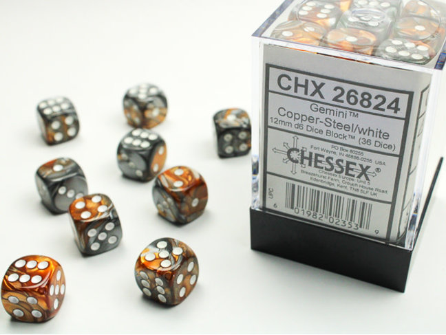 Chessex Copper-Steel/white - 36 Gemini 12mm D6 Dice Block