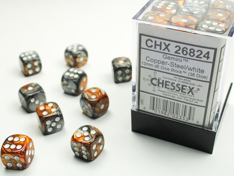 Chessex Chessex: Copper-Steel/white - 36 Gemini 12mm D6 Dice Block
