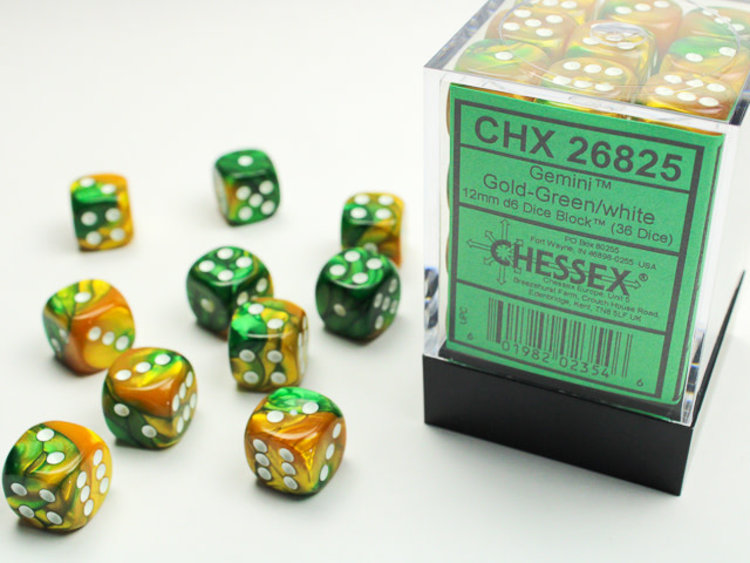 Chessex Chessex: Gold-Green/white - 36 Gemini 12mm D6 Dice Block