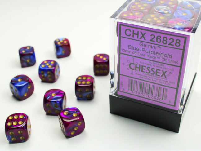 Chessex Blue-Purple/gold - 36 Gemini 12mm D6 Dice Block