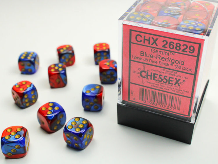 Chessex Chessex: Blue-Red/gold - 36 Gemini 12mm D6 Dice Block
