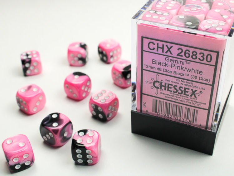 Chessex Chessex: Black-Pink/white - 36 Gemini 12mm D6 Dice Block