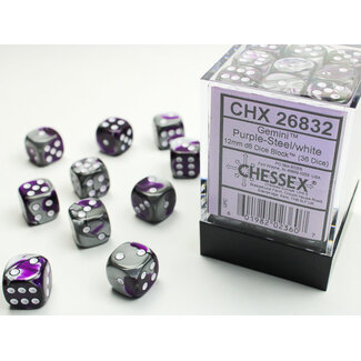 Chessex Purple-Steel/white - 36 Gemini 12mm D6 Dice Block
