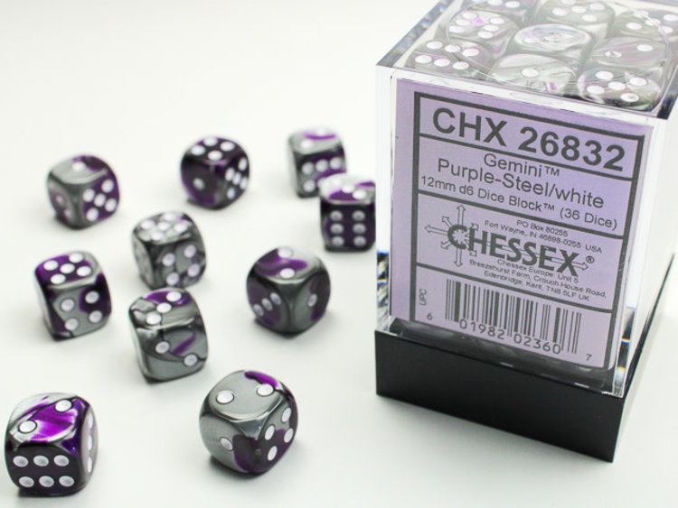 Chessex Chessex: Purple-Steel/white - 36 Gemini 12mm D6 Dice Block