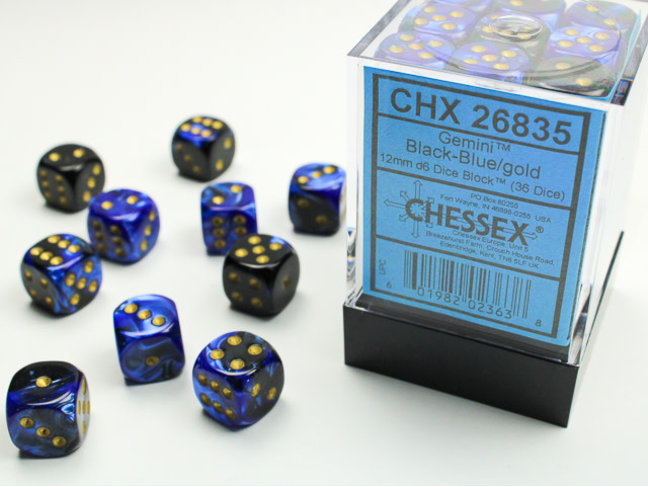 Chessex Black-Blue/gold - 36 Gemini 12mm D6 Dice Block