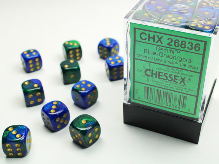 Chessex Chessex: Blue-Green/gold - 36 Gemini 12mm D6 Dice Block