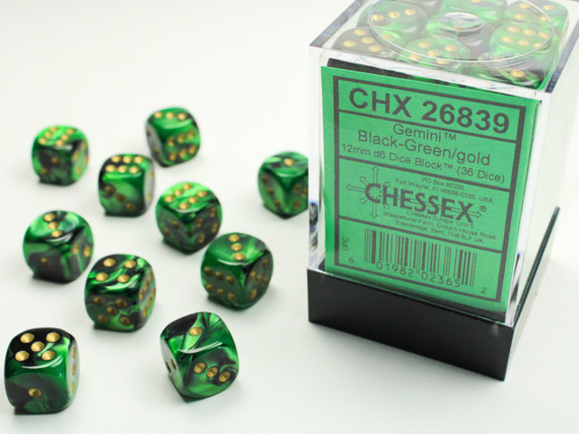 Chessex Black-Green/gold - 36 Gemini 12mm D6 Dice Block