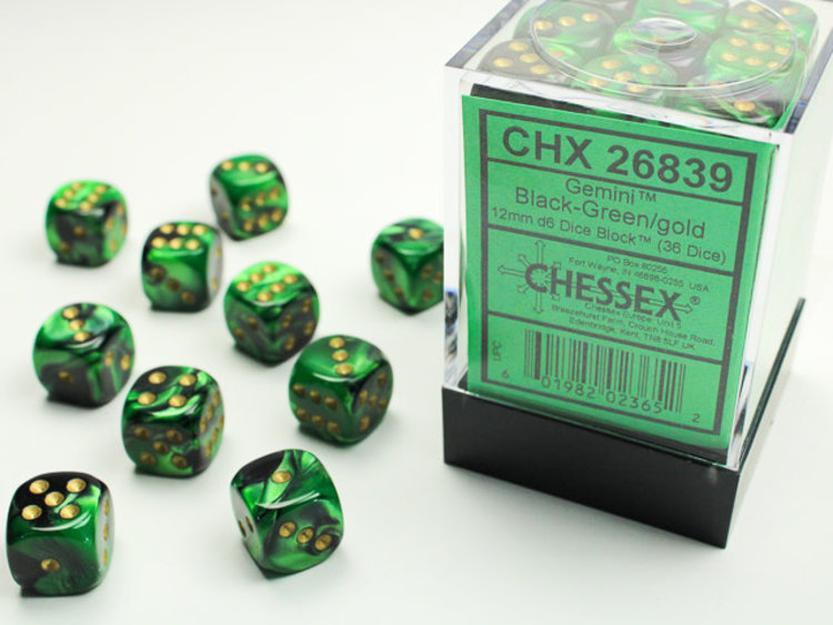 Chessex Chessex: Black-Green/gold - 36 Gemini 12mm D6 Dice Block