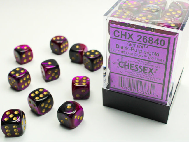 Chessex Black-Purple/gold - 36 Gemini 12mm D6 Dice Block