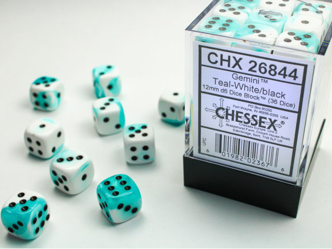 Chessex Teal-White/black - 36 Gemini 12mm D6 Dice Block