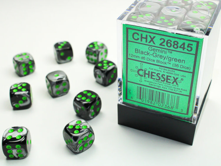 Chessex Chessex: Black-Grey/green - 36 Gemini 12mm D6 Dice Block