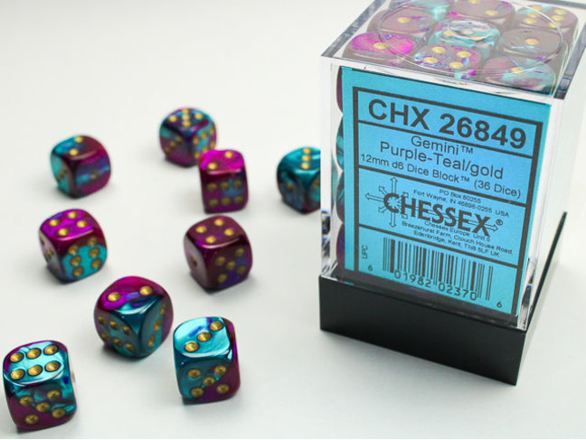 Chessex Purple-Teal/gold - 36 Gemini 12mm D6 Dice Block