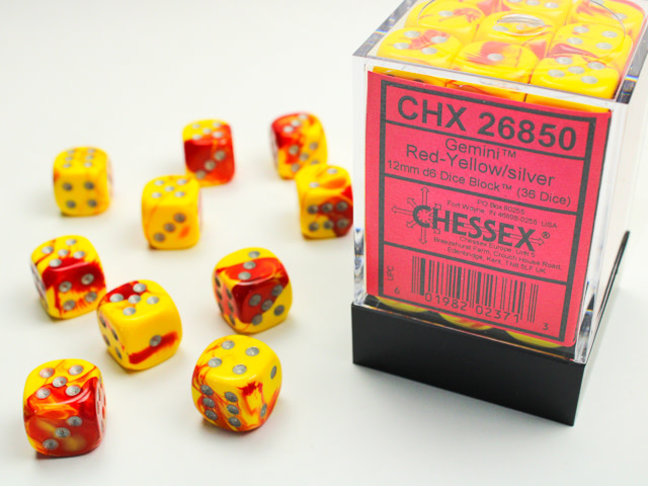 Chessex Red-Yellow/silver - 36 Gemini 12mm D6 Dice Block