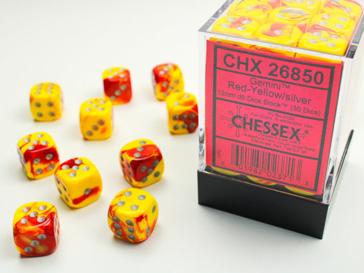 Chessex Chessex: Red-Yellow/silver - 36 Gemini 12mm D6 Dice Block