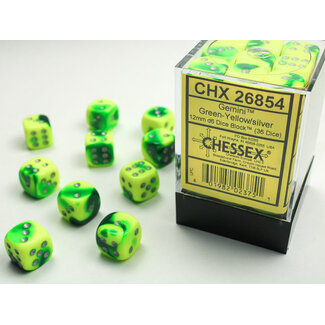 Chessex Green-Yellow/silver - 36 Gemini 12mm D6 Dice Block