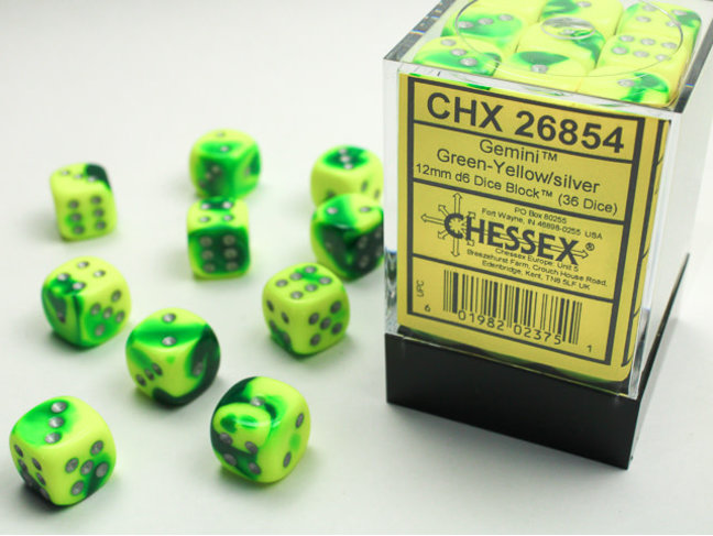 Chessex Green-Yellow/silver - 36 Gemini 12mm D6 Dice Block