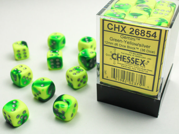 Chessex Chessex: Green-Yellow/silver - 36 Gemini 12mm D6 Dice Block