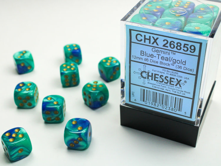 Chessex Chessex: Blue-Teal/gold - 36 Gemini 12mm D6 Dice Block