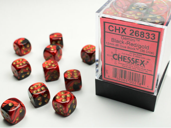 Chessex Black-Red/gold - 36 Gemini 12mm D6 Dice Block